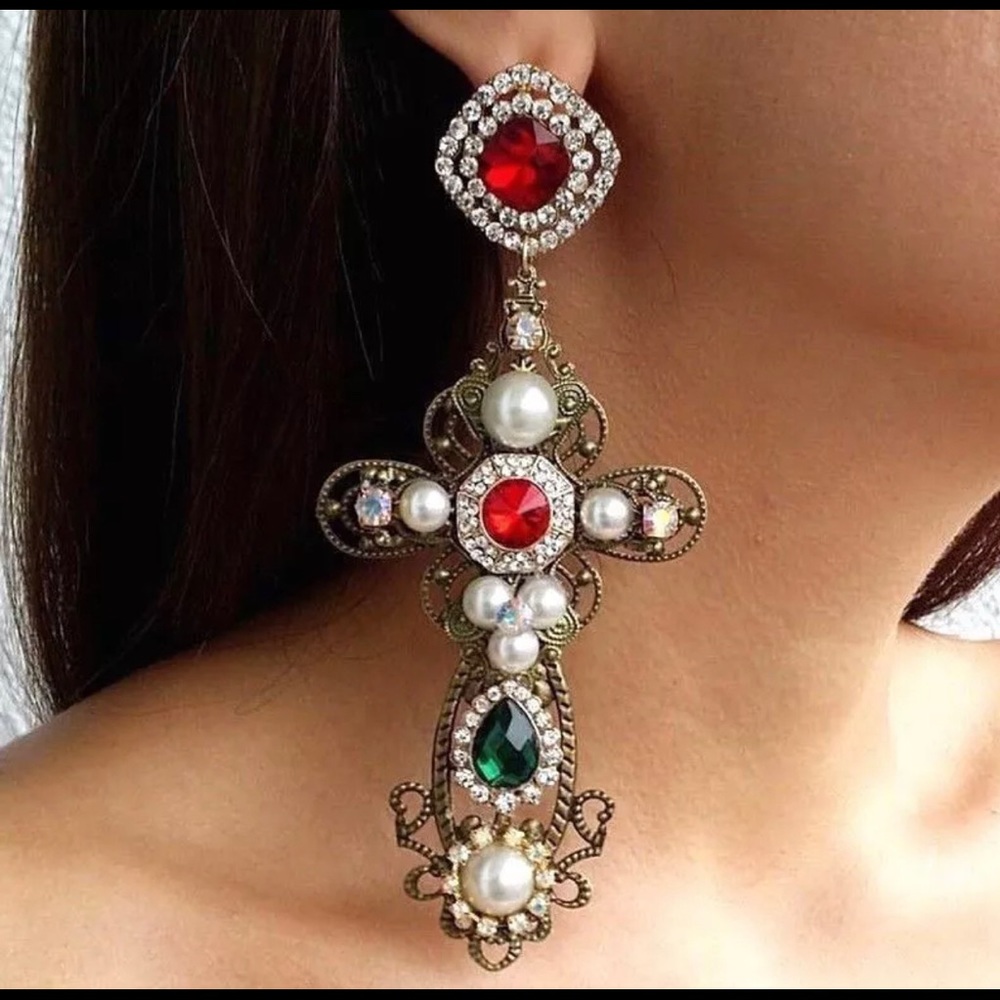 Huge Runway Shoulder Duster Gothic Cross Earrings